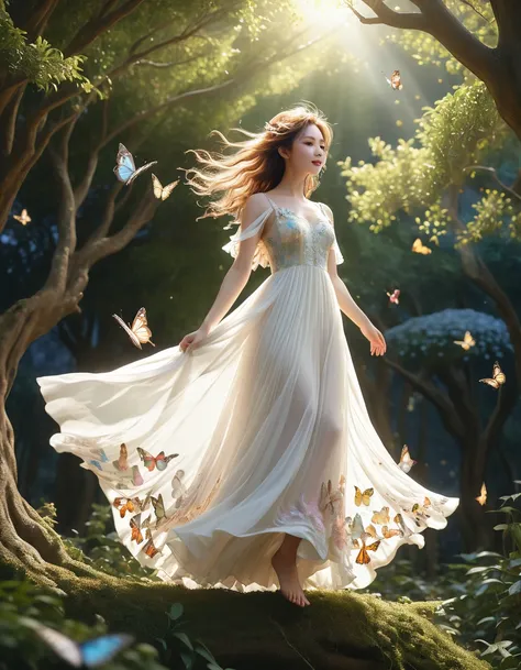 a fairy flying from a tall tree、big butterfly wings:1.4、white sheer dress、dress with hair fluttering in the wind、low angle shot:...