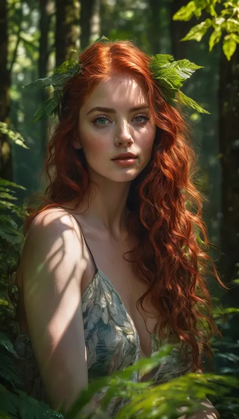 1girl, redhead, wild untamed hair, topless, detailed face, detailed eyes, detailed lips, detailed skin, detailed figure, nature landscape, lush green forest, sunlight filtering through leaves, dappled shadows, cinematic lighting, vibrant colors, rich color...