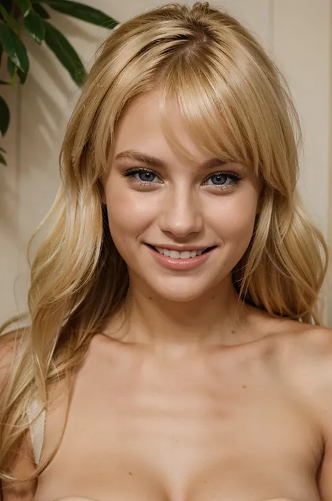 makes a face of a 20 year old blonde woman with an open face smiling with a sexy look