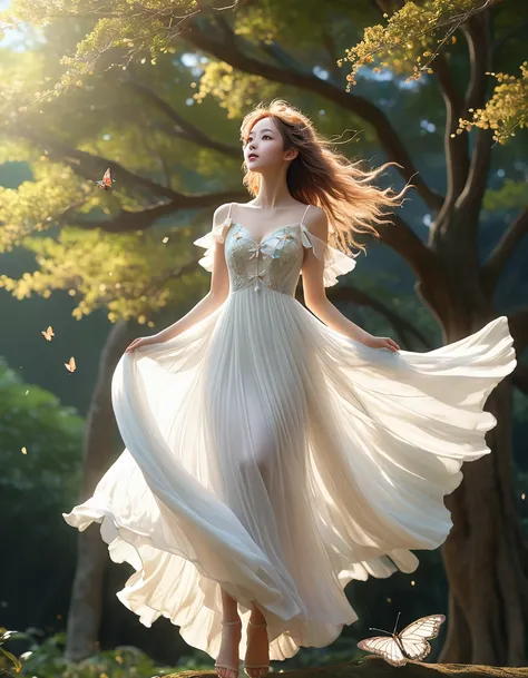 a fairy flying from a tall tree、big butterfly wings:1.4、white sheer dress、dress with hair fluttering in the wind、low angle shot:...