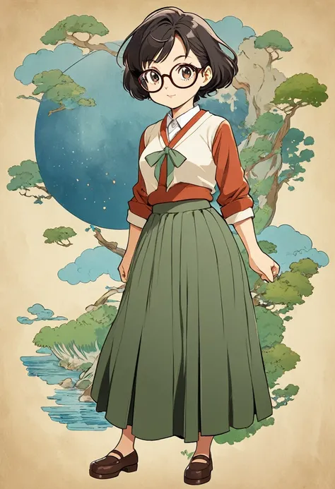 A cartoon drawing of a woman wearing glasses and a skirt, inspired by Yukihiko Yasuda, anime style character, inspired by Kusumi Morikage, style in anime ghibli style, inspired by Yumihiko Amano, in anime style, style in ghibli anime, full length portrait ...