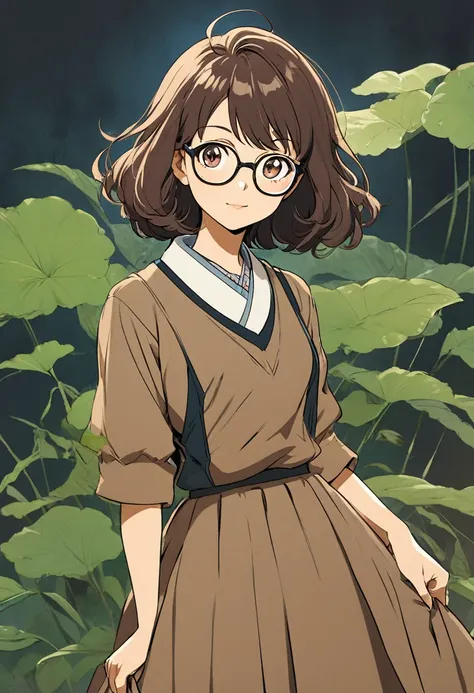 A cartoon drawing of a woman wearing glasses and a skirt, inspired by Yukihiko Yasuda, anime style character, inspired by Kusumi Morikage, style in anime ghibli style, inspired by Yumihiko Amano, in anime style, style in ghibli anime, full length portrait ...