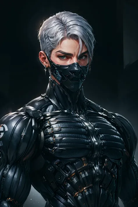 {best quality, 8k, masterpiece}, (realistic), [[male]], [[white hair]], ((middle part haircut)), (earrings), (mask)