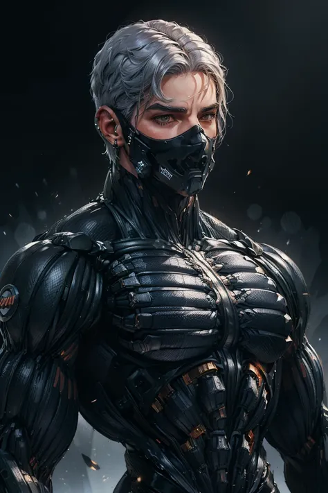 {best quality, 8k, masterpiece}, (realistic), [[male]], [[white hair]], ((middle part haircut)), (earrings), (mask)