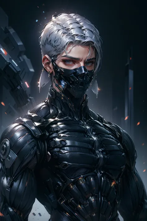 {best quality, 8k, masterpiece}, (realistic), [[male]], [[white hair]], ((middle part haircut)), (earrings), (mask)