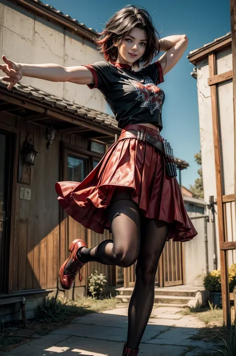 (masterpiece, best quality:1.2), cowboy shot, solo, dynamic pose, 1girl, ruby rose, looking at viewer,  t-shirt, red skirt, pantyhose, outside, futuristic house, garden, smile