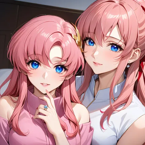 ((Highest quality)), ((masterpiece)), (detailed), （Perfect Face）、The woman is Lacus Clyne, who is married to a Chinese man, and is an ordinary Chinese woman with blue eyes, pink hair, and medium-long hair, wearing an engagement ring.