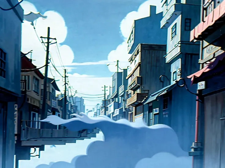 dvd screengrab from studio ghibli movie, city street, street view, clouds on blue sky, designed by hayao miyazaki, retro anime