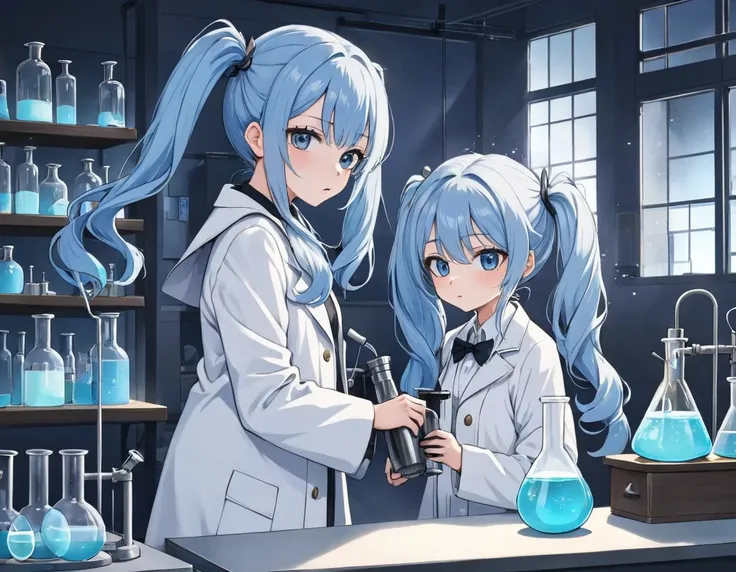 Light blue long hair、Beautiful girl with twin tails、Wearing a white coat during a chemical experiment、Serious face、Laboratory、beaker、flask、Graduated cylinder、Alcohol lamp、Experiment failure、Laboratory爆発、White coat and hair burned