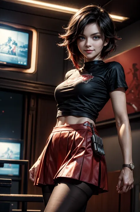 (masterpiece, best quality:1.2), cowboy shot, solo, dynamic pose, 1girl, ruby rose, looking at viewer,  t-shirt, red skirt, pantyhose, in futuristic living room,  smile