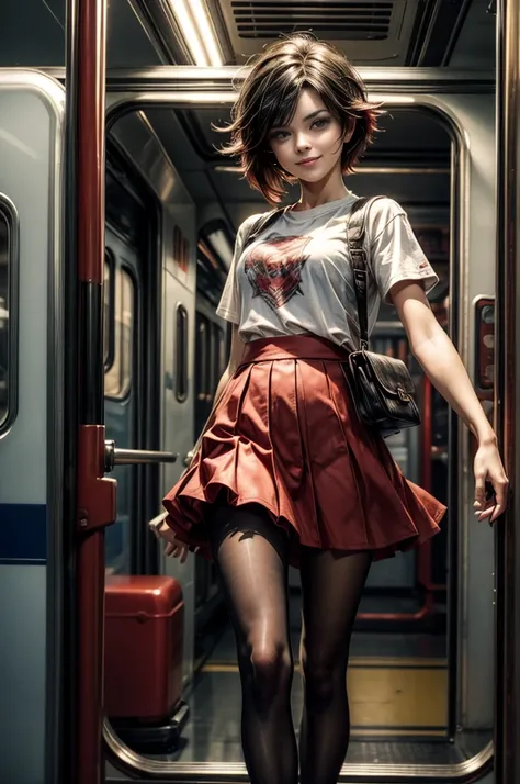 (masterpiece, best quality:1.2), cowboy shot, solo, dynamic pose, 1girl, ruby rose, looking at viewer,  t-shirt, red skirt, pantyhose, standing in train, crowd, smile