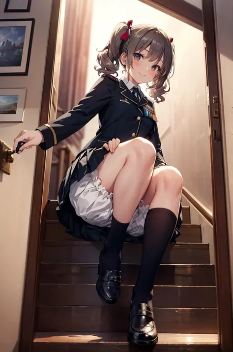 (masterpiece), 4K,woman,long sleeve military uniform,Small breasts,Small Ass,2 feet,Curly Twin Tails,Light bulb lighting,Realistic, skinny, Big smile,((Wear short bloomers under your skirt)),Sitting on the stairs,((Knee-length pleated skirt)),Angle from be...