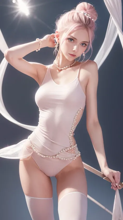 Slim woman with 1.90 tall, light pink medium hair, clear blue eyes,  and a tall, pointed nose, wears ballet clothes and has white pearls on her forehead and a spiraling spear made of pearls as a weapon
