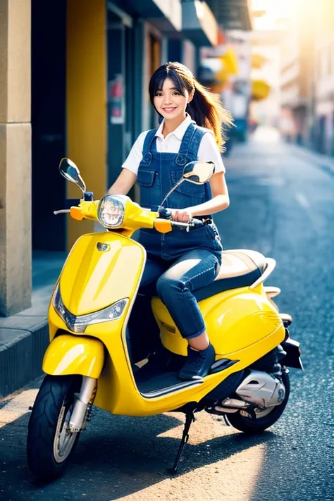 A female delivery person wearing a yellow vest riding a yellow scooter，On the way to deliver the package。（Highest quality，4K，High resolution，masterpiece：1.2），Very detailed，Real：1.37，Bokeh，Portraiture，Bright colors，Studio Lighting，Narrow your focus，Physical...