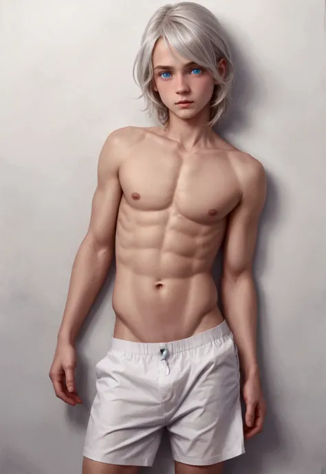 Boy whit Blue eyes, small waist, flat abdomen, platinum-colored medium-length hair, cute and whit clothes