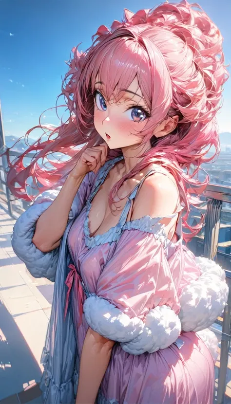 One person, high school student, woman, Ultra-high resolution, 超detailed, Highest quality, 8k,((Highest quality)), ((masterpiece)), (detailed)，Face direction(front)，Hair Color(Bright pink，Fine hair quality), Hairstyle(Soft and fluffy, short), background(bl...