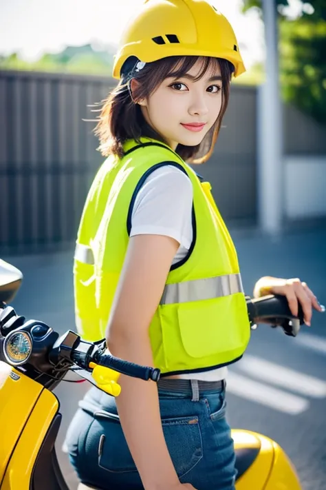 A female delivery person wearing a yellow vest riding a yellow scooter，On the way to deliver the package。（Highest quality，4K，High resolution，masterpiece：1.2），Very detailed，Real：1.37，Bokeh，Portraiture，Bright colors，Studio Lighting，Narrow your focus，Physical...