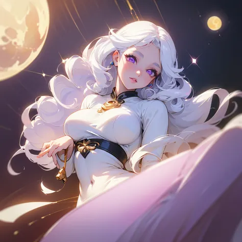 ((ultra quality)), ((masterpiece)), ((Angelic beauty woman)), ((long white curly hair)), ((White hair)), ((White hair)), ((curly hair)),  (beautiful face), (beautiful female lips), charming, ((sweet facial expression)), ((Sun and moon decorations)), looks ...