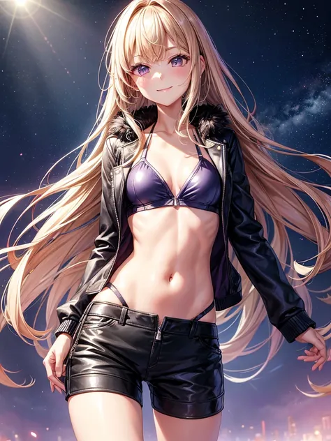 best quality，，smile，blazer，swimsuit，Back view，Im turning my back，School，Collective of girls，Track jacket，Physical education class，JK，Sexy and cute，future，Wearing a fastener bra，zipper bra，Long Hair，She has her bangs down，Purple Eyes，evolution系ファッション，Cutene...