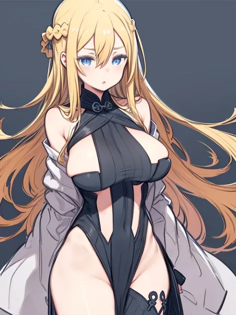 One Woman、(Monochrome、Line art、Bold line)、Blonde Hair、long hair、Hair between the eyes、Braid、Blue Eyes、Completely naked、Big Breasts、Huge breasts、((pubic hair))、Upper Body、Front view、△ Mouth、Are standing、Simple Background、