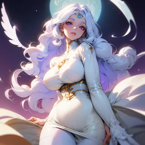 ((ultra quality)), ((masterpiece)), ((Angelic beauty woman)), ((long white curly hair)), ((White hair)), ((White hair)), ((curly hair)),  (beautiful face), (beautiful female lips), charming, ((sweet facial expression)), ((Sun and moon decorations)), looks ...