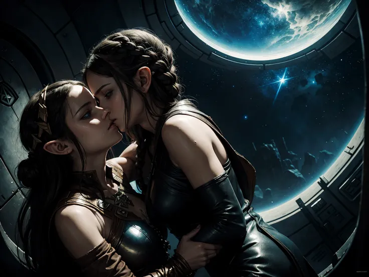 masterpiece. dark ambient. epic fantasy oil painting. Rey Skywalker twin sister hugging twin sister Princess Zelda, inside spaceship.  stylish, ripped shiny leather dress. kissing. sweating. Background  and stars. 