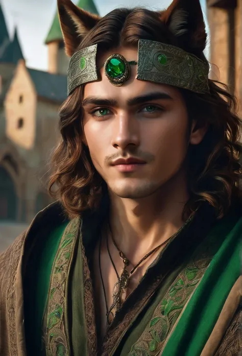 A man with wolf ears in medieval clothing in his 20s, beautiful detailed emerald green eyes, beautiful detailed lips, extremely detailed eye and face, long eyelashes, chestnut hair, portraite, details Intricate, photorealistic, 8k, high qualiy, cinematic l...