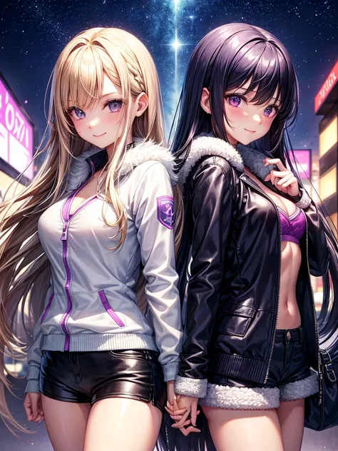 best quality，，smile，blazer，swimsuit，Back view，With your back turned、Face forward，School，Collective of girls，Track jacket，Physical education class，JK，Sexy and cute，future，Wearing a fastener bra，zipper bra，Long Hair，She has her bangs down，Purple Eyes，evoluti...