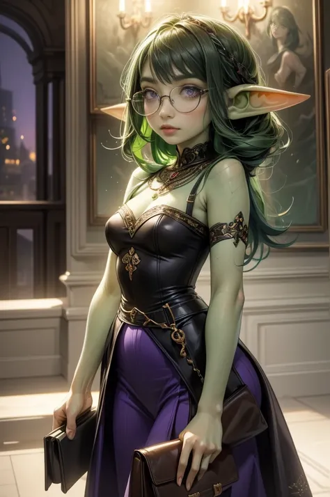 (1girl:1.8) intricate details, tonemapping, sharp focus, hyper detailed, trending on Artstation, Masterpiece, absurdrez, amazing detail, 4k, perfect face, symmetrical, (small ears), 3 foot tall green goblin girl, wearing purple blouse and long black skirt,...