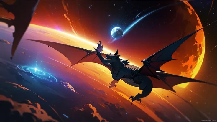 a small dragon flying in the universe near the event horizon of a black hole, with stars in the background and planets, highly detailed, cinematic lighting, dramatic composition, vibrant colors, photorealistic, intricate details, masterpiece