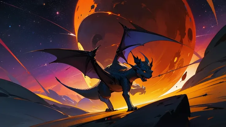 a small dragon flying in the universe near the event horizon of a black hole, with stars in the background and planets, highly detailed, cinematic lighting, dramatic composition, vibrant colors, photorealistic, intricate details, masterpiece