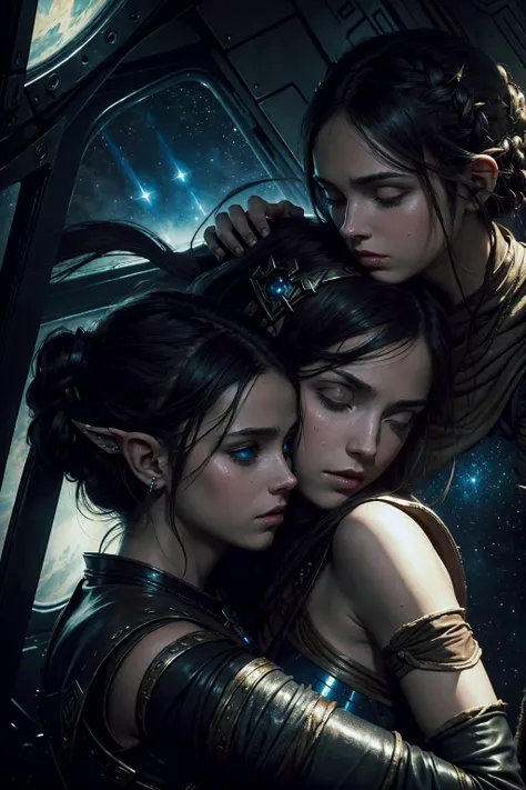 masterpiece. dark ambient. epic fantasy oil painting. Rey Skywalker twin sister hugging twin sister Princess Zelda, inside spaceship.  stylish, ripped shiny leather dress. kissing. sweating. Background  and stars. 