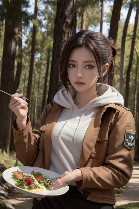 masterpiece, Highest quality, Very detailed, Annie_Leonhard, One girl, Mature Woman, Mature Face, thick, alone, Long sleeve, Jacket, Open clothes, Food, open Jacket, Foodie, Food down, brown Jacket, white Foodie, Paradis military uniform, Forest Background...