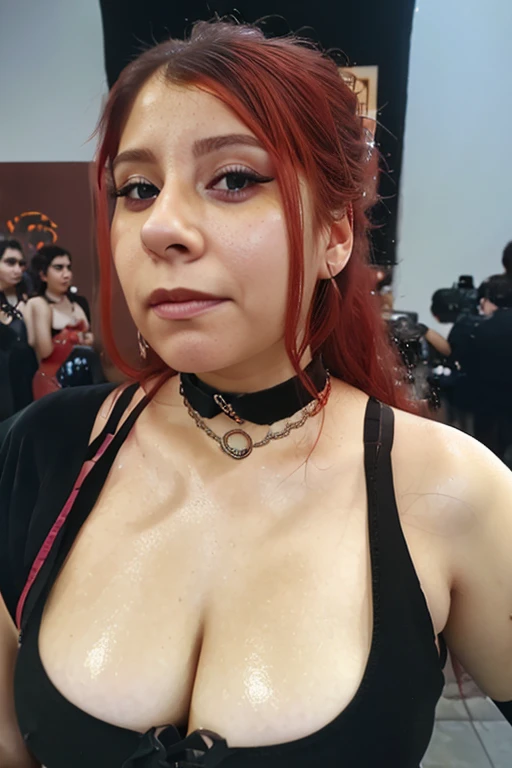 (masterpiece, best quality: 1.2), 1 girl, goth, solo, latina, redhead, /close-up of face), amateur photo, selfie, neckline, sexy, nsfw, sexy, amateur photo, corset shirt, sad look, looking down at viewer, natural skin texture, 24mm, 4k textures, bright cin...