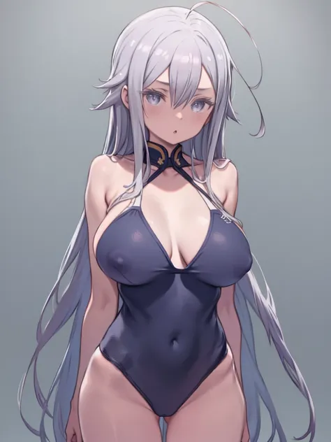 One Woman、Grey Hair、long hair、Hair between the eyes、Grey Eyes、Ahoge、Navy blue one piece swimsuit、School Swimsuit、Big Breasts、Huge breasts、Areola contour、Nipple Contour、Upper Body、Front view、△ Mouth、Are standing、Simple Background、