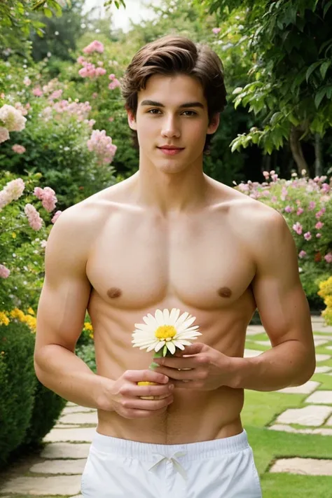 Young cute handsome white angelic face shirtless flower in his hand in a beautiful garden place 