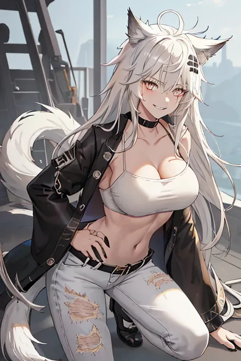 best quality, masterpiece, highres, solo, animal_ears, wolf_ears, long_hair, scar, bangs, scar_across_eye, hair_ornament, hairclip, scar_on_face, hair_between_eyes, grey_eyes, smile, grey_hair, white_hair, upper_body, Anime art, short anime woman. muscular...