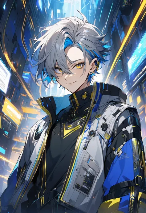 good looking, alone, 1 male, short hair, Gray Hair, Blue highlights on hair tips, Golden Eyes, White and blue clothes, Smile Facial, Futuristic, cyber punk, hacker、Fraudster