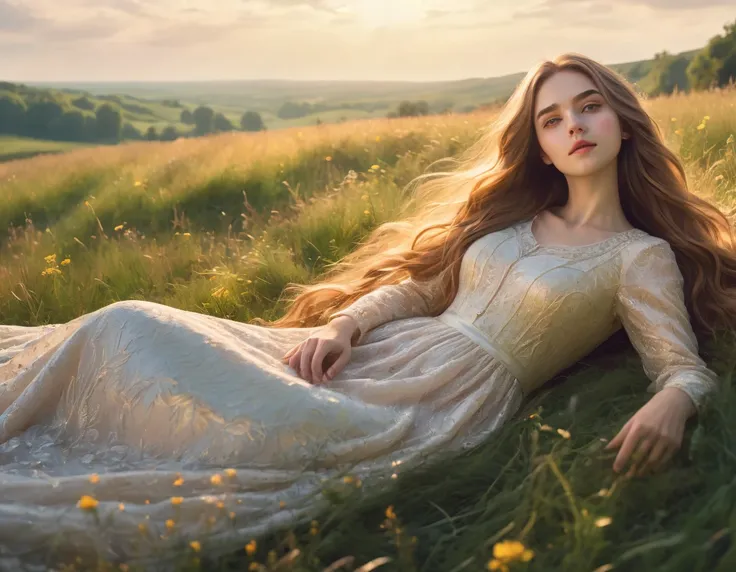 a beautiful girl lying in a meadow, detailed facial features, long flowing hair, elegant dress, low angle perspective, serene co...