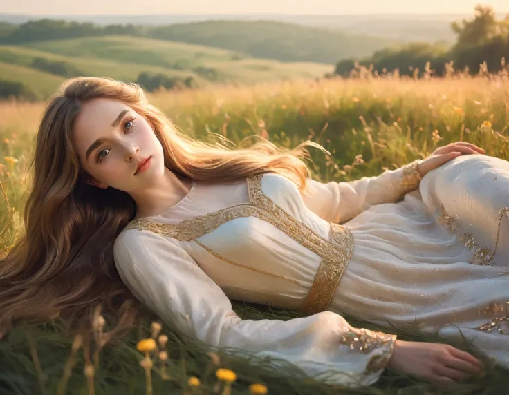 a beautiful girl lying in a meadow, detailed facial features, long flowing hair, elegant dress, low angle perspective, serene co...