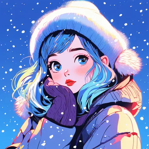 illustrator, anime , realistic ,sketch , one girl, ,lip, sweater,order, blue gradient background, neon hair,textured crop, canad...