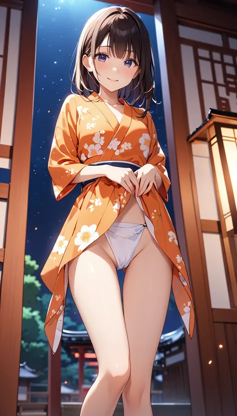 高いquality illustration, masterpiece, Very delicate and beautiful, Attractive girl,(Orange floral print yukata、White loincloth),thin,Slender body,slim、Shrine background at night,Princess, Beautiful Eyes,smile、Embarrassing、blush(masterpiece, Highest quality:...