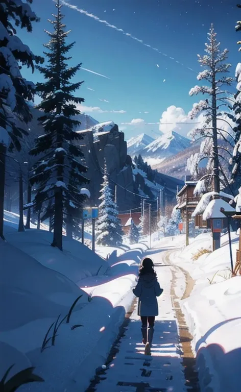 Un chico y una chica jugando in the snow, in with a town surrounded by mountains covered with white snow, an image of Makoto Shinkai, trend on pixiv, conceptual art, guweiz style artwork, Guweiz and Makoto Shinkai, Sakimichan and Makoto Shinkai, ( ( Makoto...