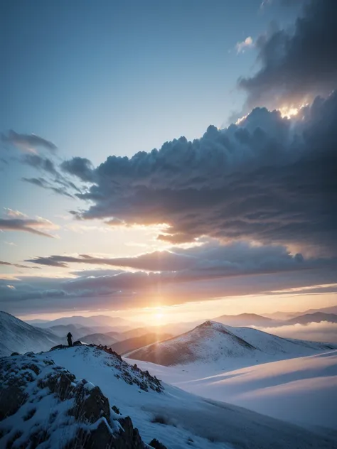 film art, conceptual artwork, work of art, wide angle perspective, s-shaped composition, an image of the mountain landscape from...