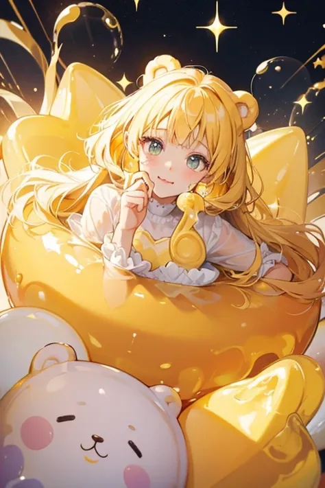 A yellow jelly-shaped girl bear Num with a simple expression. She has white topping dripping down her face with yellow sprinkles on top.  SPARKLE; GLITTER