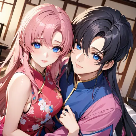 ((Highest quality)), ((masterpiece)), (detailed), （Perfect Face）、The woman is Lacus Clyne, who is married to a Chinese man, and is an ordinary Chinese woman with blue eyes, pink, medium-long hair, and an engagement ring.、The woman is dressed in typical Chi...