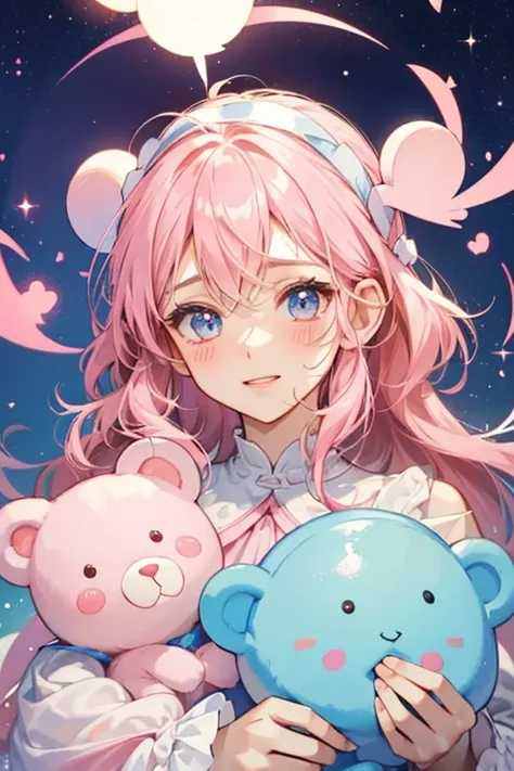 A sky-blue flan Num with pale pink syrup covering her head and pink bear ears. She is making an excited expression with very pale pink blushed cheeks. SPARKLE; GLITTER