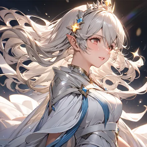 ((Highest quality)), ((masterpiece)), (detailed), （Perfect Face）、The woman is Kamui, a princess of light with medium-long silver hair and a beautiful dress.