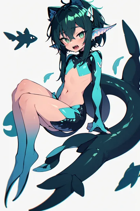 Complicated Detail，Sharply Focused, clean art, 1boy, textured skin, short hair, shota, young boy, nereid, twink body, scaly skin, blue skin, Detailed amber eyes, green hair, Vertical pupils, webbed hands, webbed fin legs, webbed fin ears, shark teeth, fish...