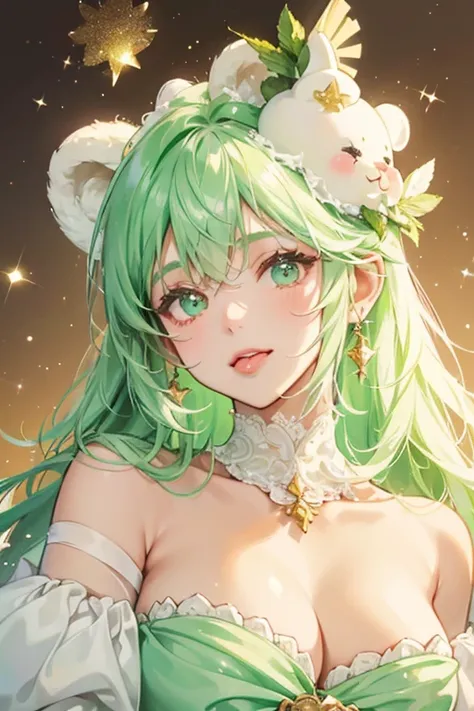 Mint E. Jiggle is a glittering mint bear custard with pale cream syrup covering her head. She is sticking out her tongue and she has cream-colored cream on her head topped with a strawberry and leaf. On each ear is a brown bow. SPARKLE; GLITTER